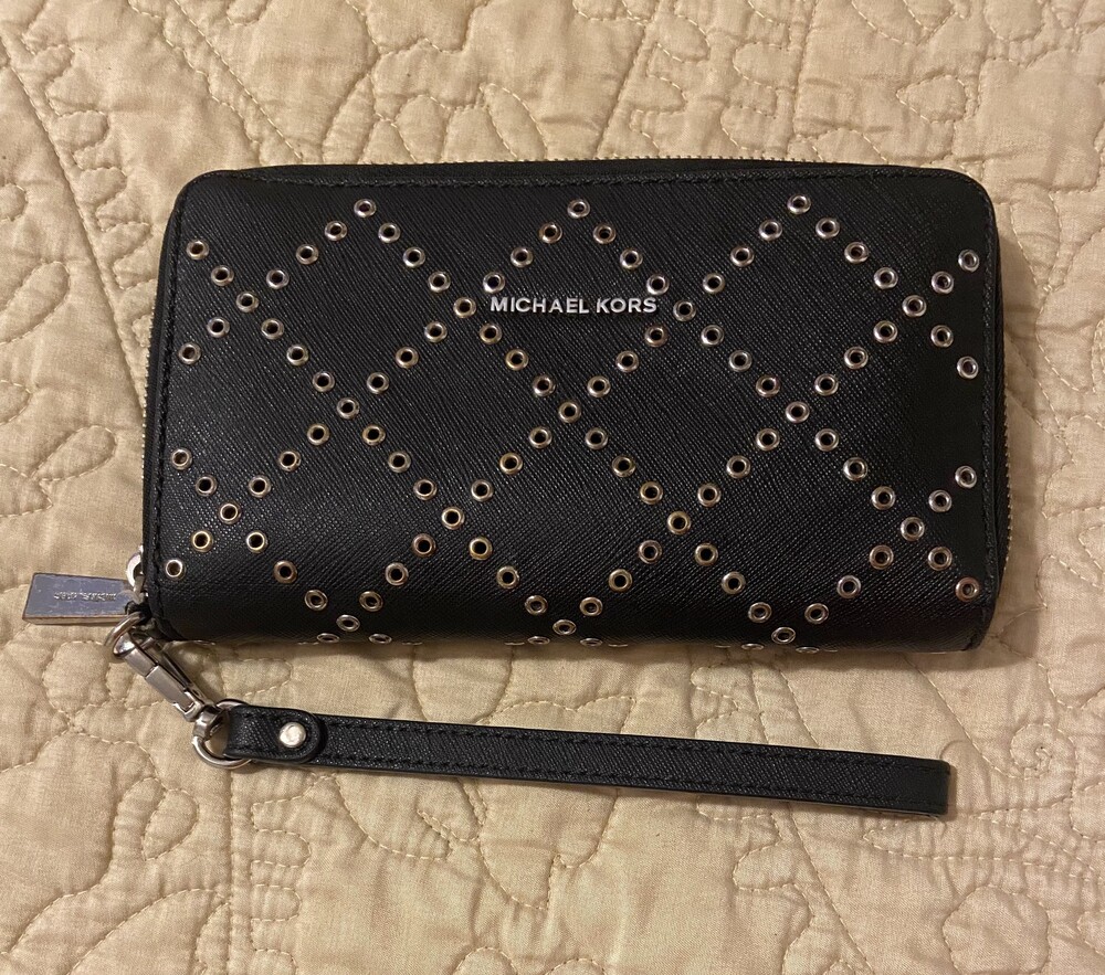 Michael Kors Black Leather Wallet Wristlet with Silver Grommet Triangle Pattern